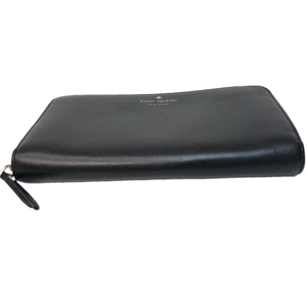 Kate Spade New York Black Leather Zip Around Continental Wallet Gold Tone